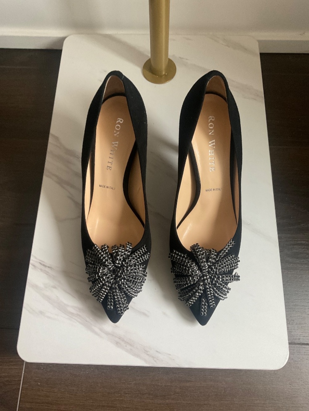 Ron White Black Suede Heels w/ Stone Flower Rope Detail - Picture 2 of 5